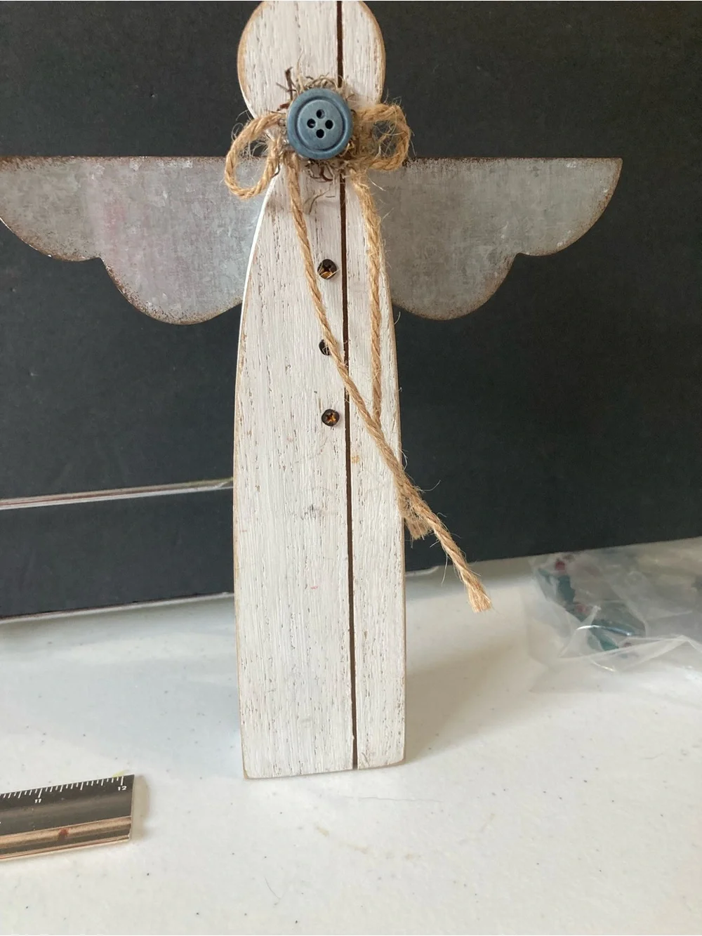 Rustic White Wooden Angel Decor with Button Accent